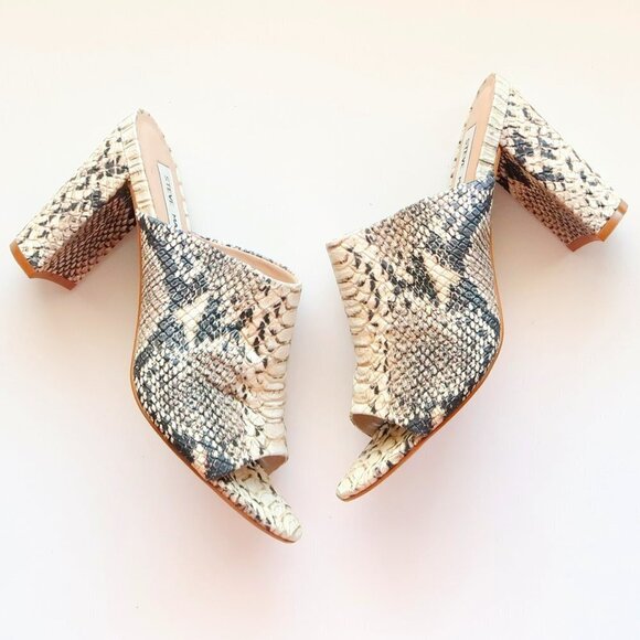 Steve Madden Cream & Black Esmeralda Snakeskin Peep Toe Mules / Slip On Sandals - Picture 4 of 16